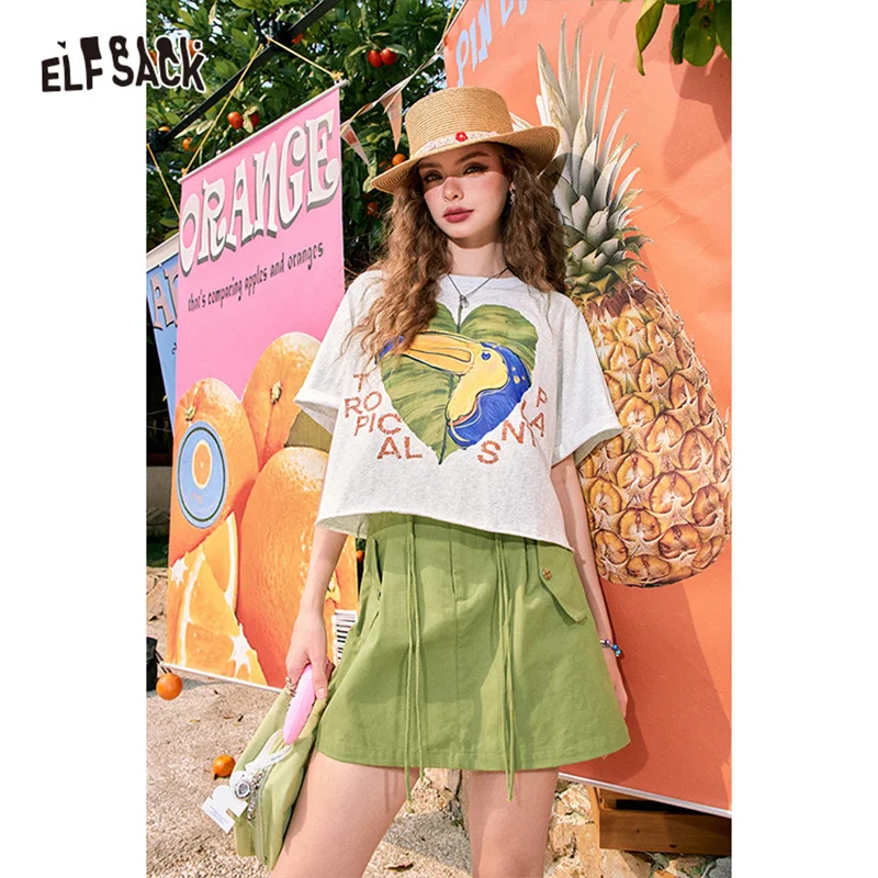 ELFSACK 2024 summer new arrival Orange A-line high waist slimming workwear American style drawstring skirt for women