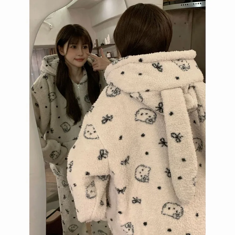 

Пижамы с капюшоном и принтом «Hello Kitty» для девочек, стильная осенне-зимняя коралловая бархатная утолщенная теплая милая повседневная домашняя одежда с героями мультфильмов