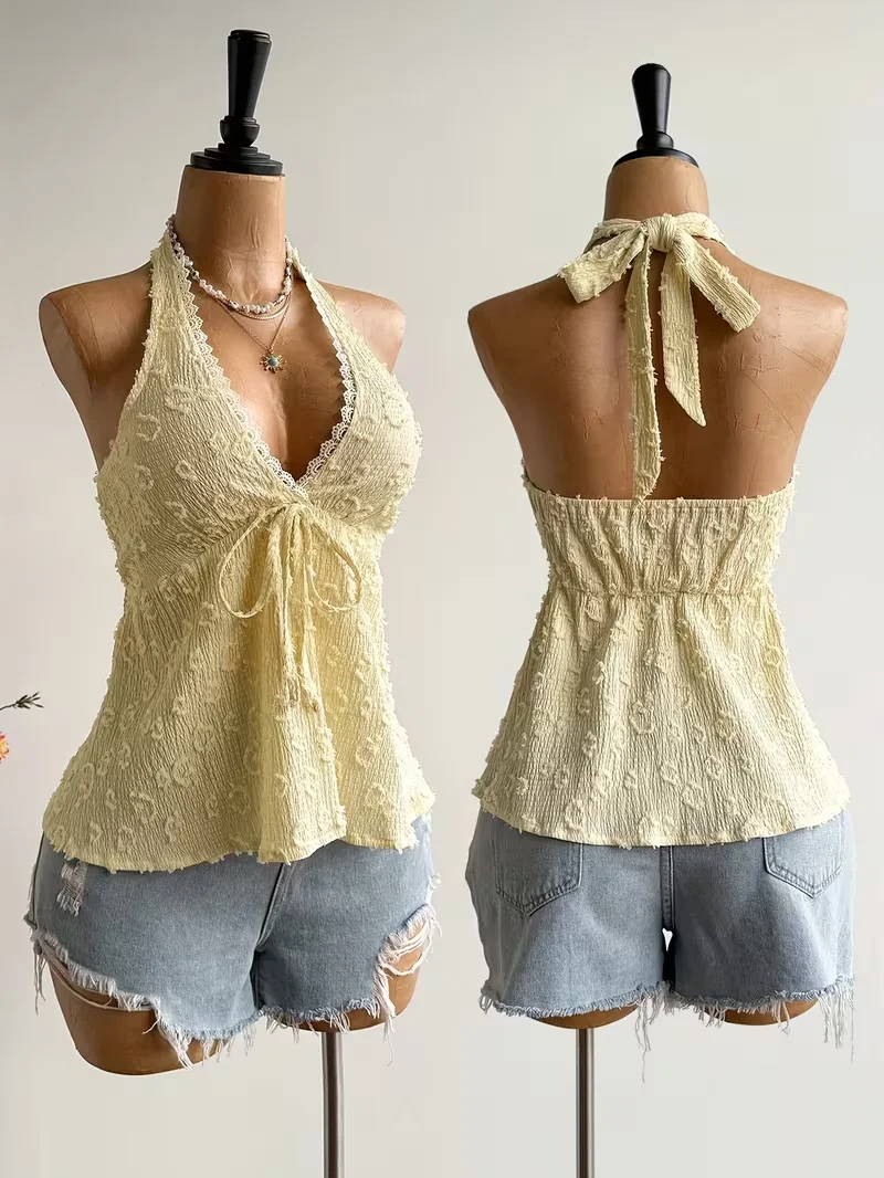 Women's summer V-neck lace up exposed neck and backless casual vacation Topboho Easter beach clothing Hawaii Coachella Music Fes