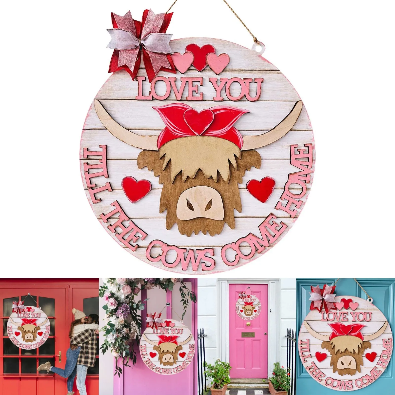 Valentine'S Day Highlan D Cow Door Sign Farm Front Decoration Welcome Wooden Door Sign Great Gift For New Homeowner Friends