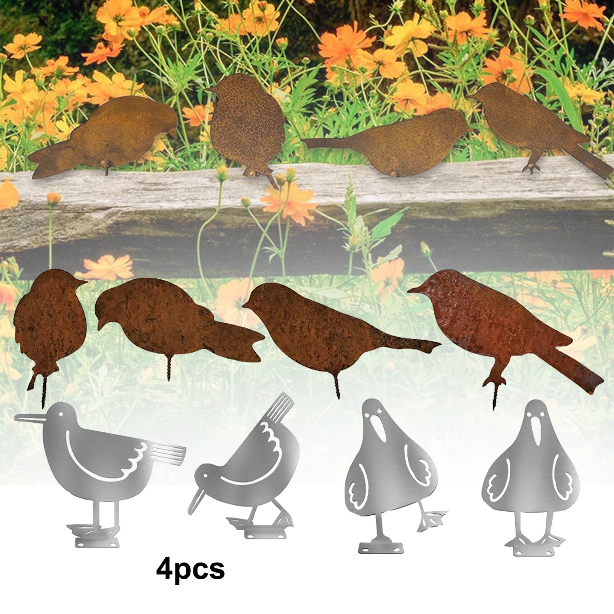 

4pcs/set Durable Rusty Metal Bird Ornament Iron Crafts Bird Shaped Art Silhouette Sculpture Outdoor Garden Fence Decoration
