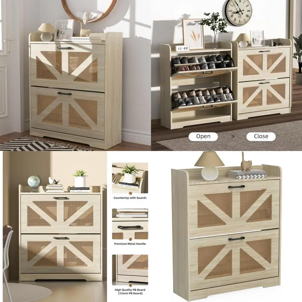 

Freestanding Rattan Drawer Shoe Storage Cabinet for Entryway Hallway - Natural Wood Design with Hidden Storage