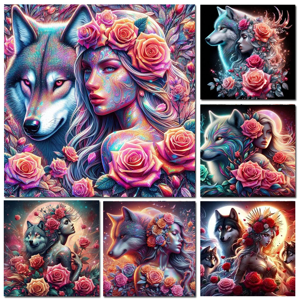 

Новая алмазная живопись, роза, женщина, любит волков, полная мозаика, искусство «сделай сам», вышивка, животные, девушка, картина, Настенный декор