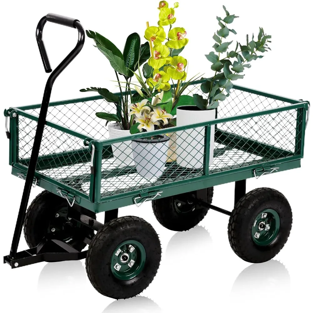 

garden carts yard wagon heavy duty utility wagon with mesh steel frame & 11" pneumatic wheels, folding garden dump cart with rem