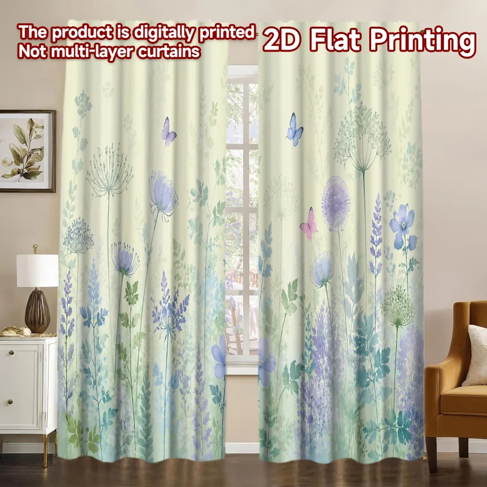 2D FLAT PRINTING 2pcs Curtains (Without Rod) Spring Floral Meadow Popular Creative Curtains Versatile Durable Polyester Curtains