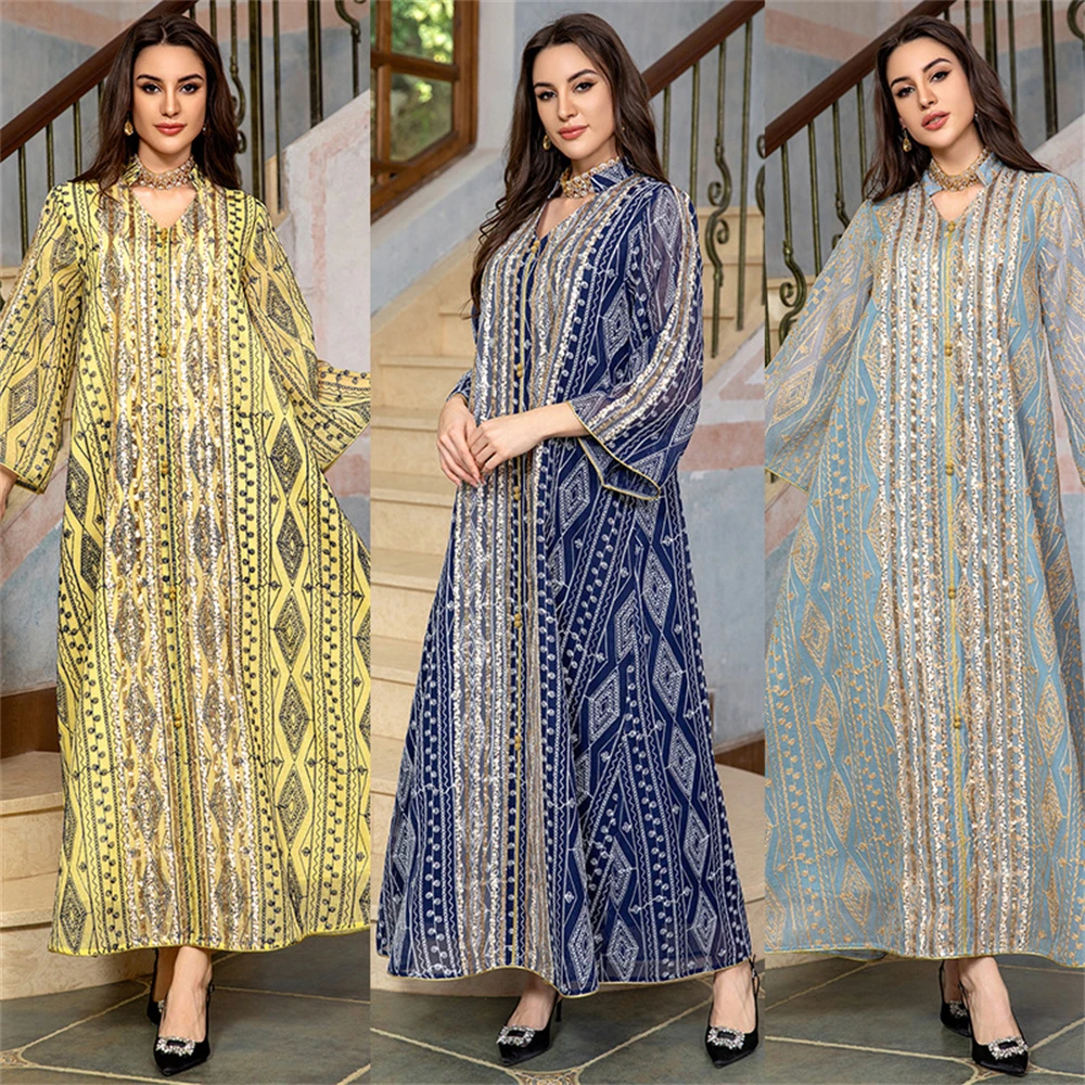 

Ramadan Robe Dresses For Women 2024 Elegant Long Sleeve Sequins Embroidery Diamond Evening Party Dubai Abaya Muslim Casual Dress