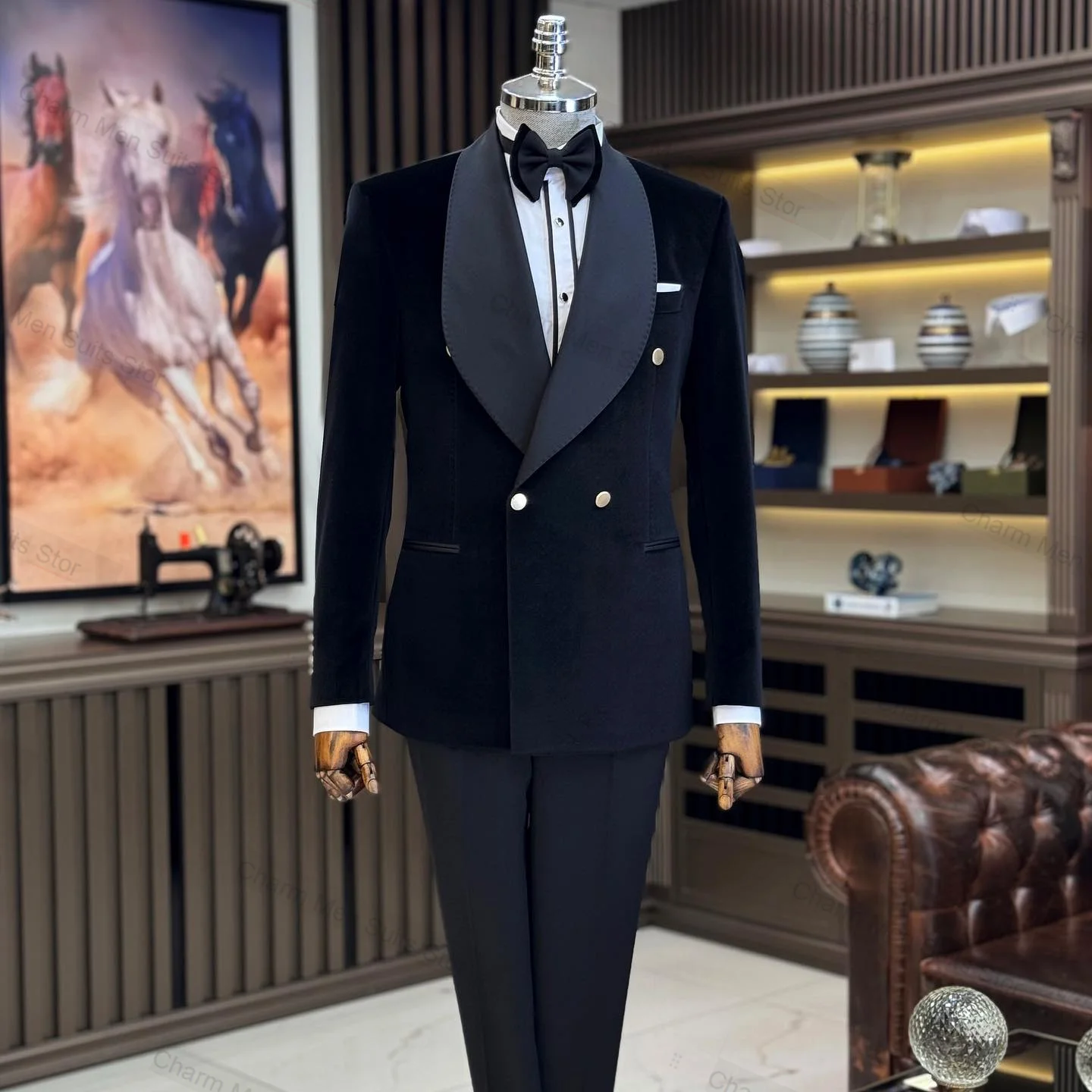 

Black Men Suits Set 2 Piece Velvet Blazer+Cotton Pants Custom Made Jacket Formal Office Groom Tuxedo Double Breasted Coat