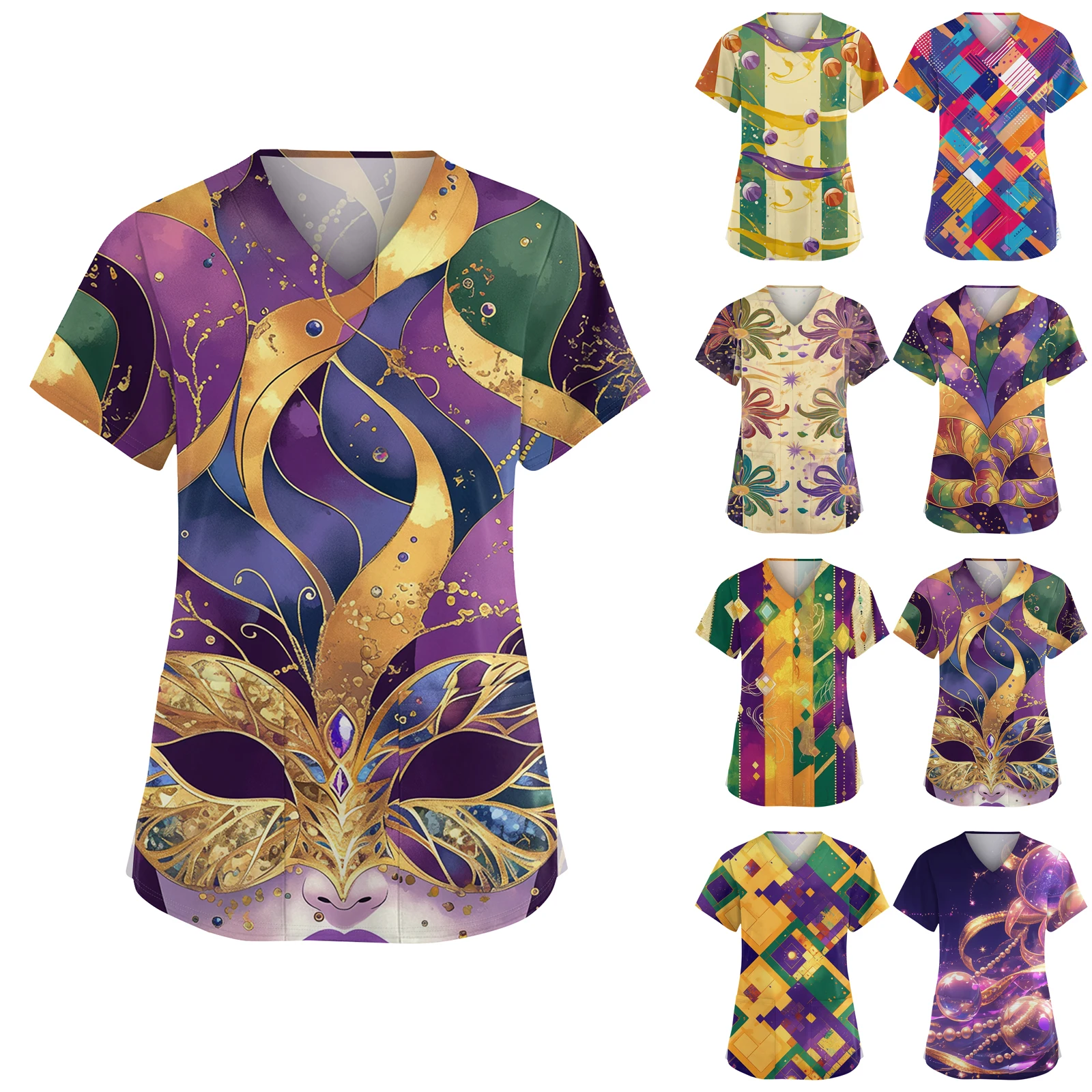 เสื้อพยาบาลสำหรับงานคาร์นิวัล เสื้อผู้หญิง คอวีทันสมัย พิมพ์ลาย แขนสั้น ทรงพื้นฐาน มีช่องระบายอากาศด้านข้างและกระเป๋าเสื้อยืด