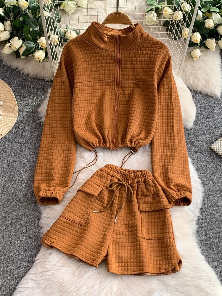 

Fashion sportswear set women's drawstring slim fit relief plaid stand up collar jacket+high waisted shorts two-piece set