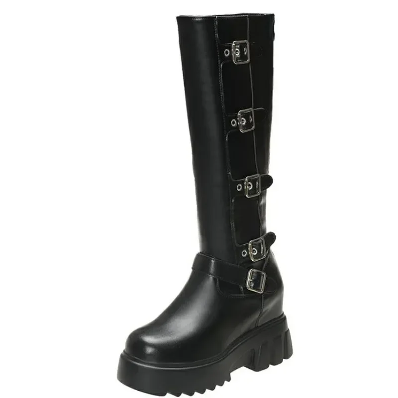 

New 2024 Autumn Winter Chunky Platform Long Boots Women Buckle Thick-soled Stretch Knitted Knee High Boots Woman Botas De Mujer