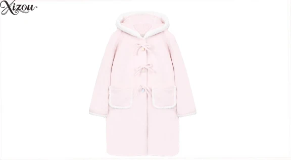 الحلو كلية الوردي Bowknot مقنعين الصوف مبطن معطف المرأة الخريف الشتاء منتصف طول فضفاض عادية سميكة الدافئة ملابس خارجية الدانتيل متابعة