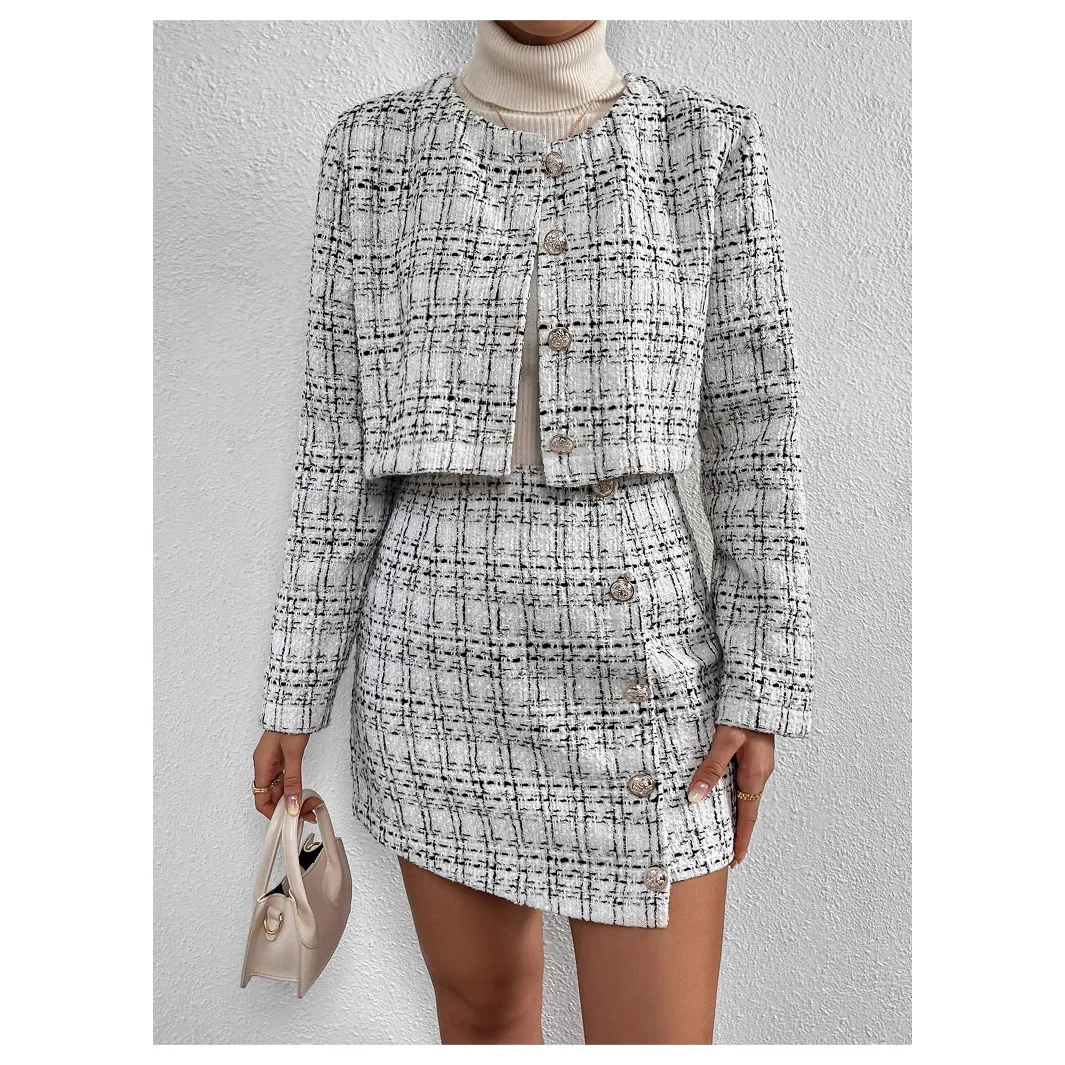 女性のチェック柄粗いウール 2 ピーススーツジャケット + ハーフスカート 2025 新作春と秋のスタイルの婦人服