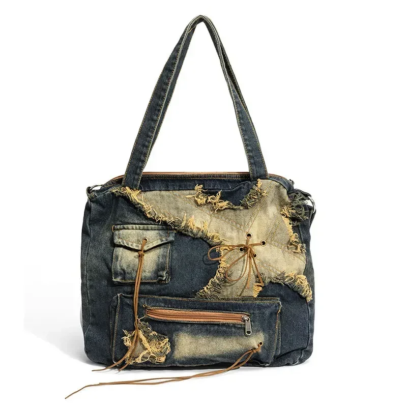 Women's Vintage Distressed Denim Tote Bag Patchwork Large Capacity Shoulder Bag for Streetwear Y2K Style Ladies Fabric Purse