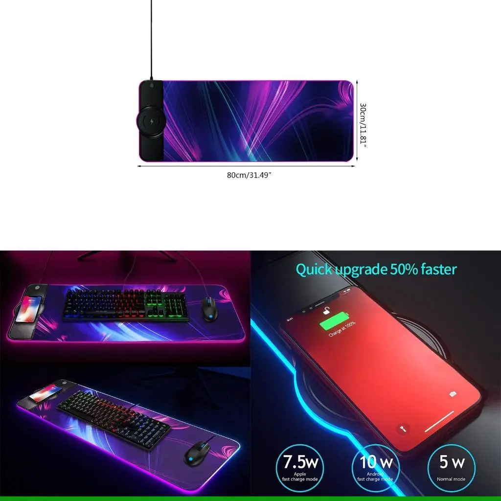 

U55C Светодиодные легкие игры беспроводные зарядки мыши RGB Большой не скользитный резиновый базовый коврик для ноутбука для для
