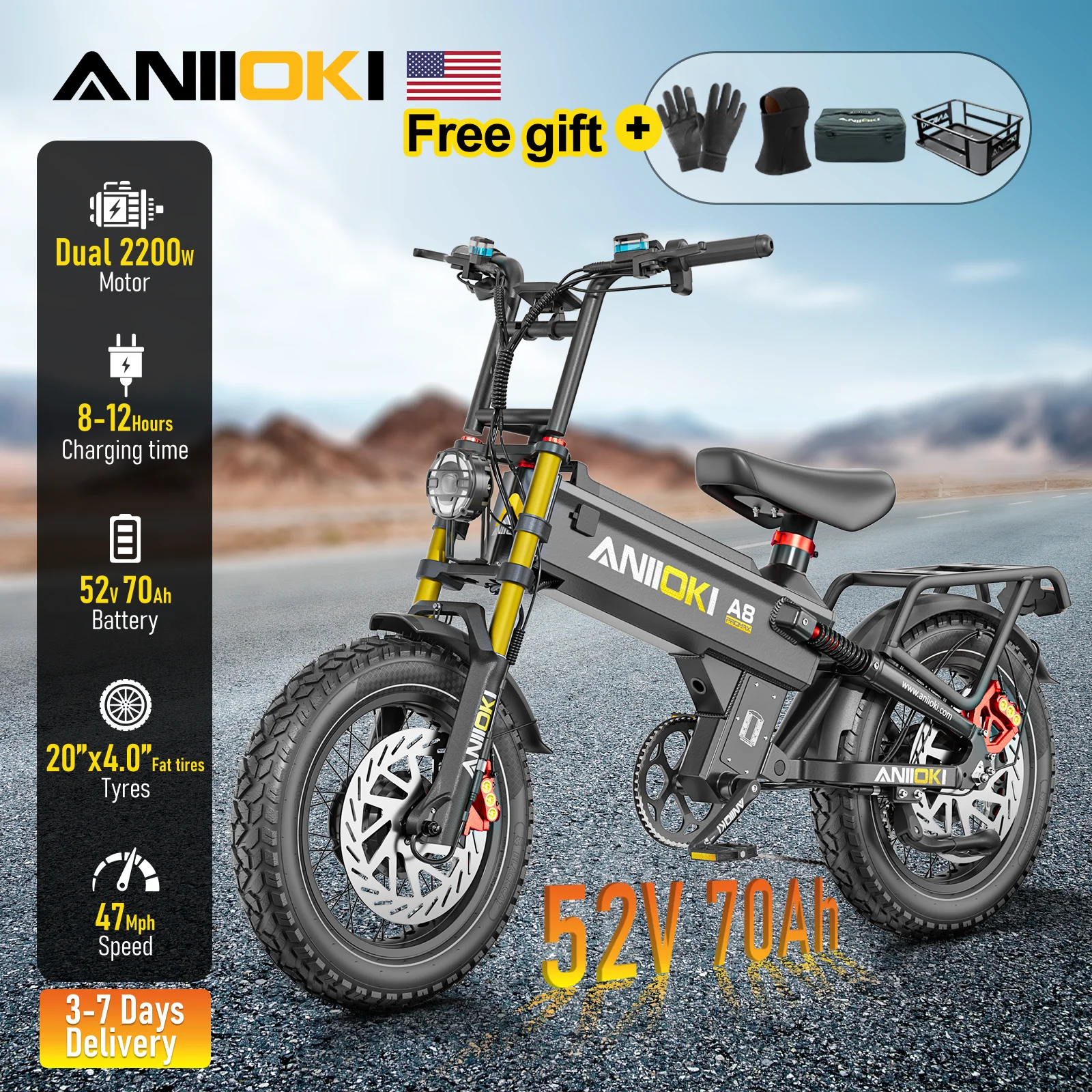 

Электровелосипед ANIIOKI A8 Pro Max AWD с двумя двигателями 5400 Вт, аккумулятором 52В 70Ач, скоростью 75 км/ч, широкими шинами 20"*4" для взрослых