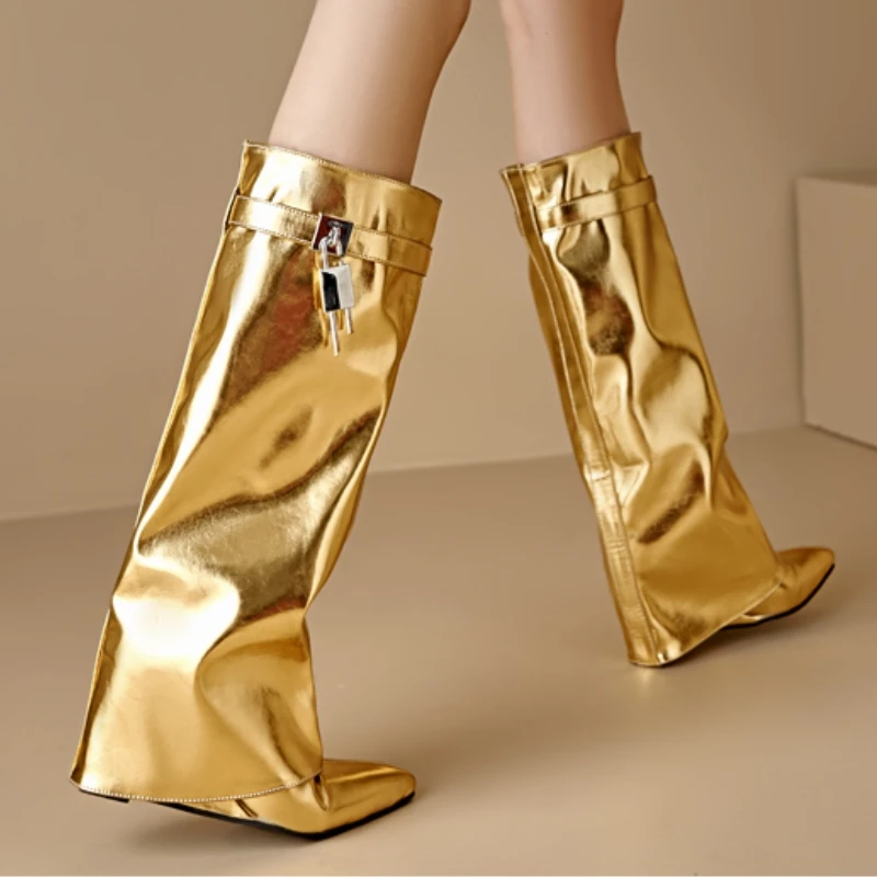 Sexy Wedge Knee High Boots for Women New 2024 New Turned-over Silver Gold Long Boot Heels Party Shoes Lady Big Size 48 Footwear