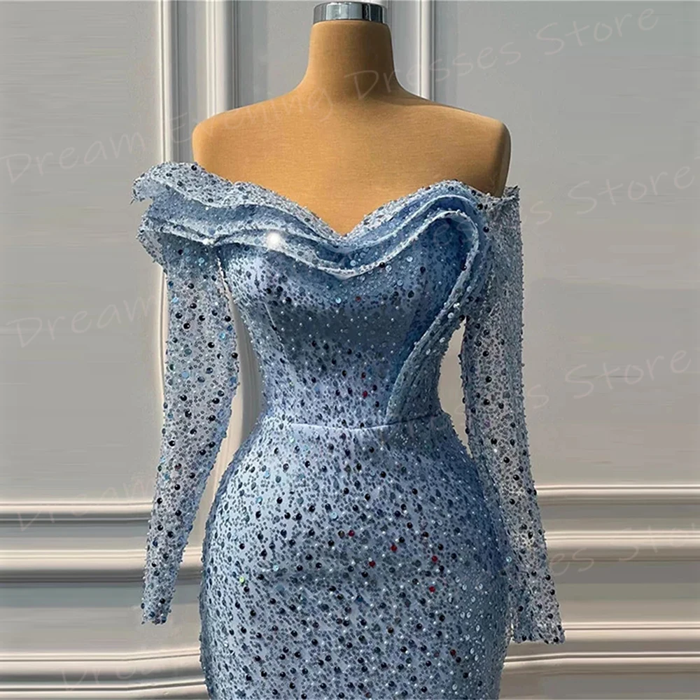 Vestido sereia de lantejoulas manga comprida feminino, elegante vestido de noite, vestido frisado, azul, requintado, moderno, baile, 2022