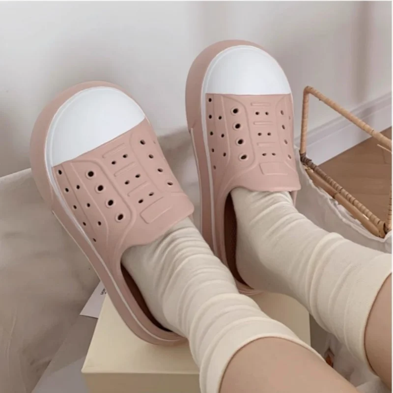 

Lazy Cave Shoes Women's Spring Summer Casual Outer Wear Thick Bottom Non-slip Color Blocking Fashion Baotou Half Slippers Cute