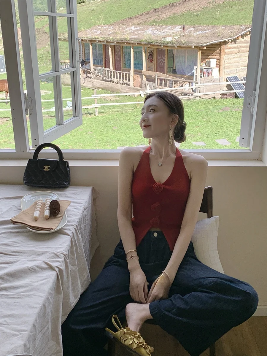 

Tina Flower Hanging Ne Two-Piece Set Casual Sle Knitted Top V-Ne Svel Plant Floral Pattern Women's Summer Outfit