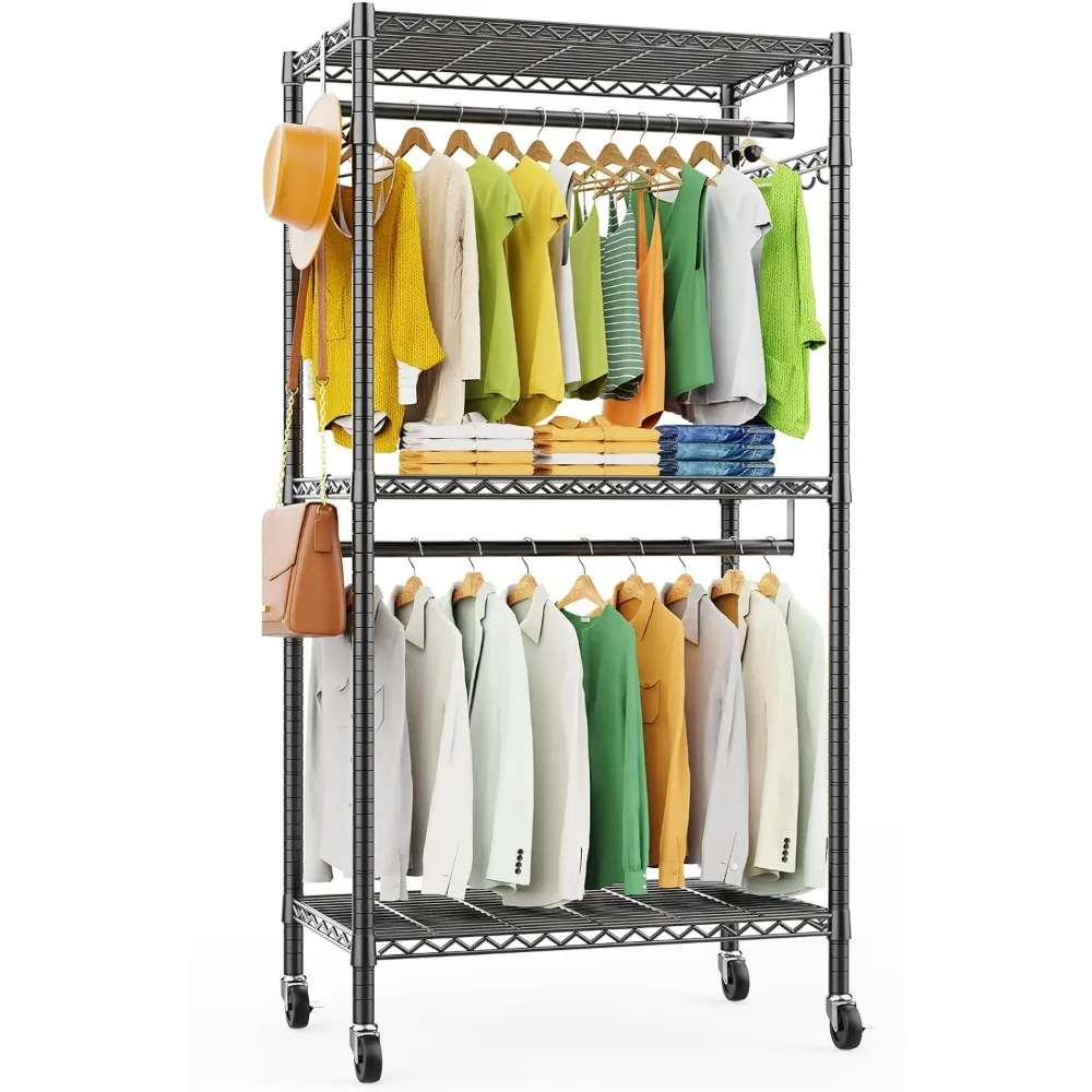 

LEHOM G1M Heavy Duty Clothes Rack, 3 Tiers Rolling Garment Rack for Hanging Clothes, Adjustable Wire Clothing Rack with Storage