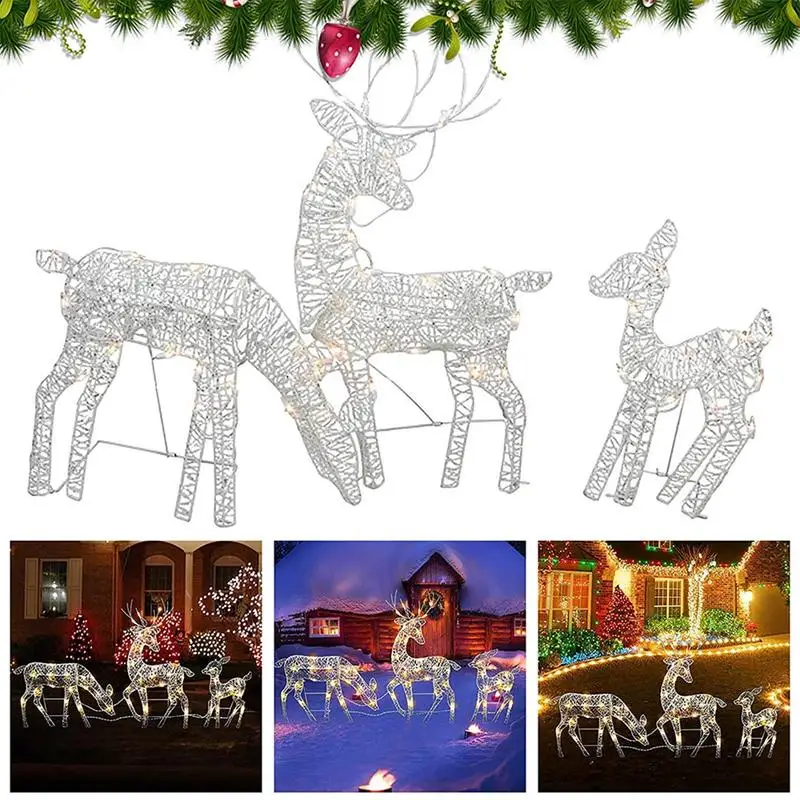 White Glitter Reindeer Christmas Light Handmake Iron Art Elk Deer Christmas Garden Decor Water Resistant Light Up Decoration