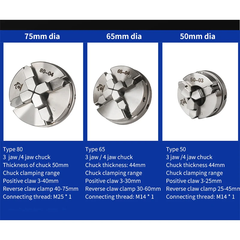 旋盤チャック3/4,セルフセンタリング,50mm,65mm,80mm
