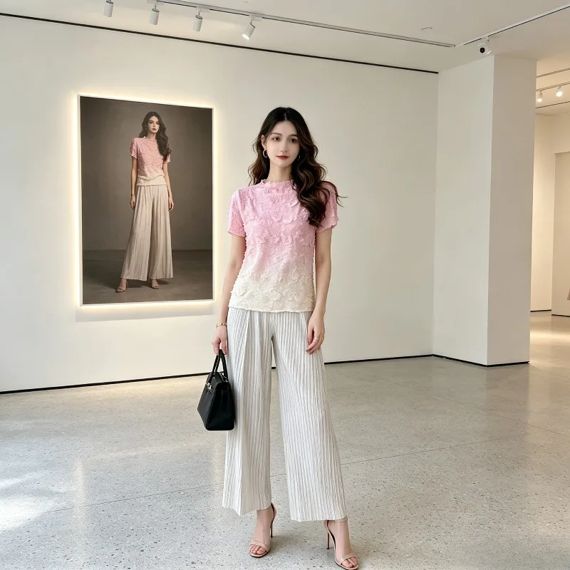 

Miyake Pleated 2026 New Gradient Short Sleeve Top for Women Summer Petal Half High Neck Casual Color-Block Loose Puff Shirt