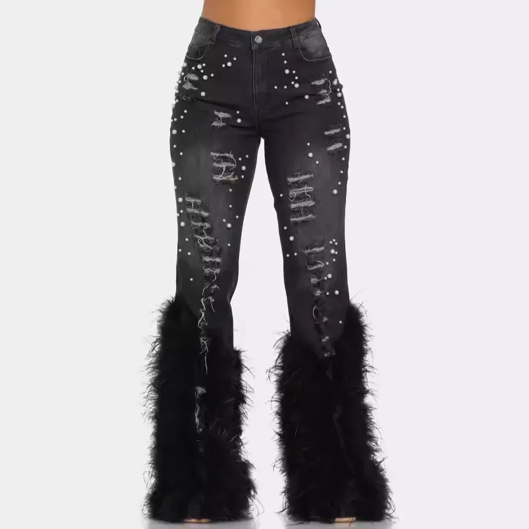 Fashion Ripped Feathers Beading Denim Pants for Women High Waisted Jeans Casual Tassel Stretchy Jean Trousers Y2k Streetwear