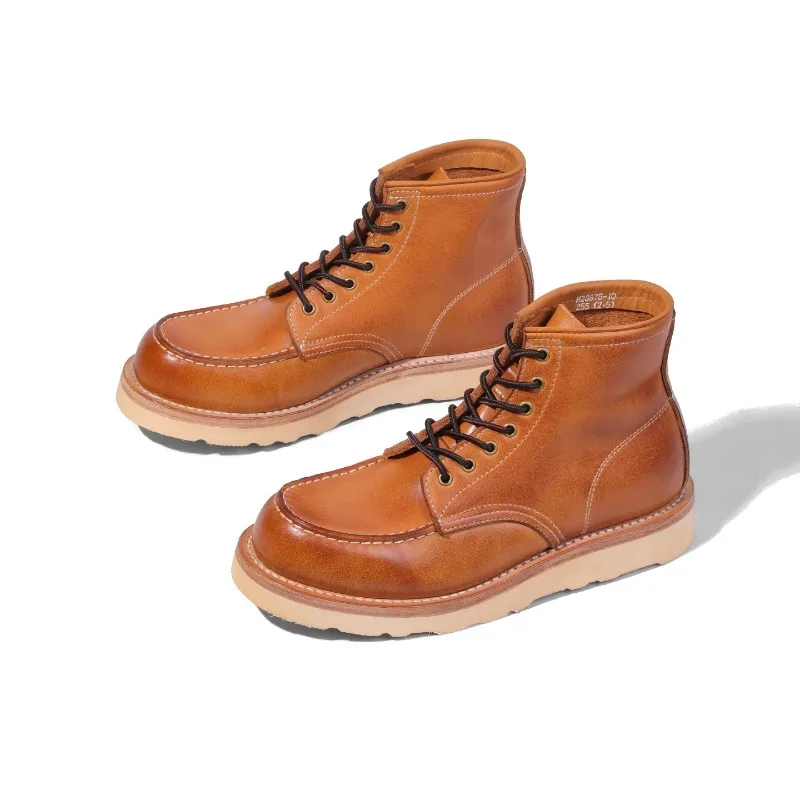 

British Genuine Leather Work Motorcycle Ankle Boots Men's High Top Shoes Cowhide Retro Lace Up Derby Casual Platform Boots Male