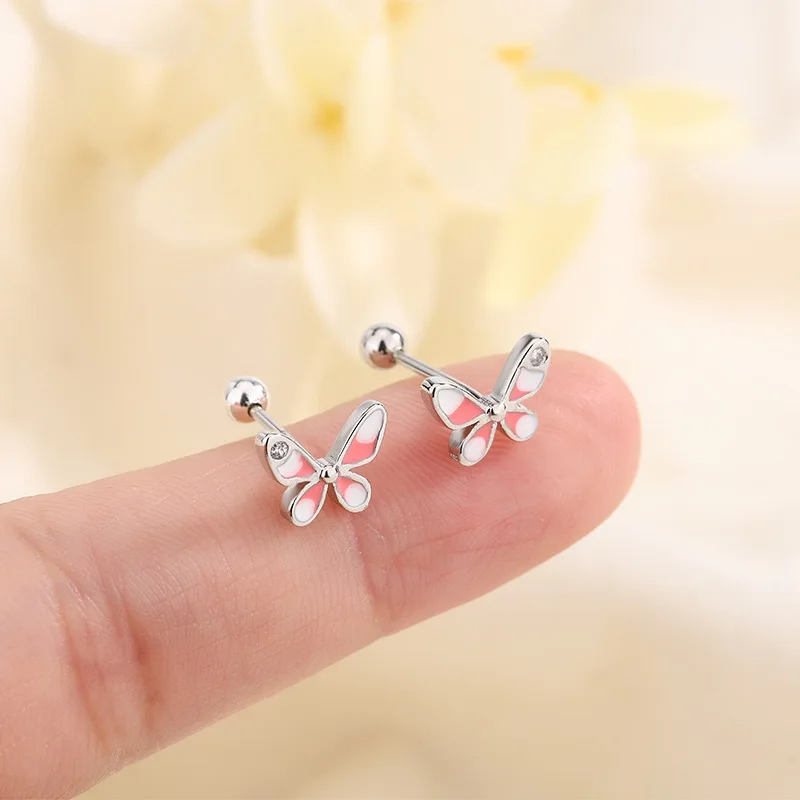 New Cute Pink Small Zircon Butterfly Screw Earrings For Women Girls Black Heart Cartilage Helix Tragus Ear Piercing Jewelry Gift