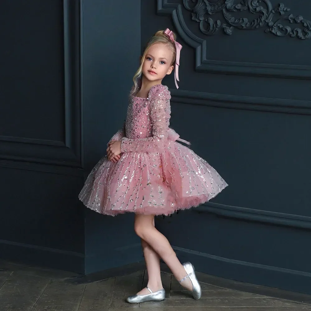 Girls Pageant Dress Long Sleeve Sequined Tulle Gown Bow Accent Formal Party Wedding Flower Girl Birthday Costume