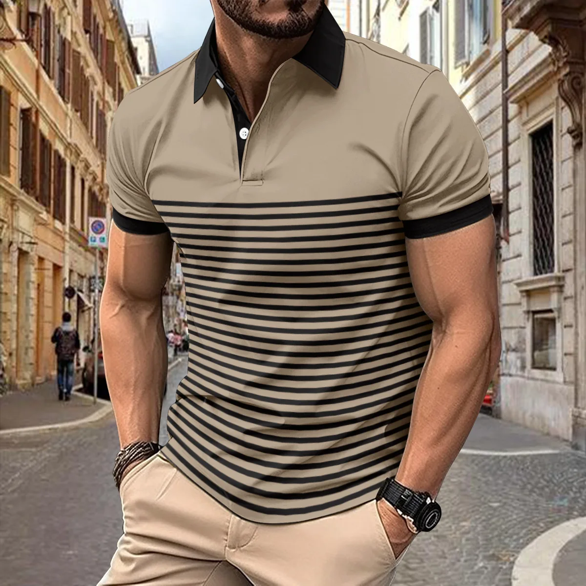 Men's Fashion Polo Sequoia Stripe Print Men's Casual V-neck Button Short Sleeve Men's Comfortable Shirt Top Summer