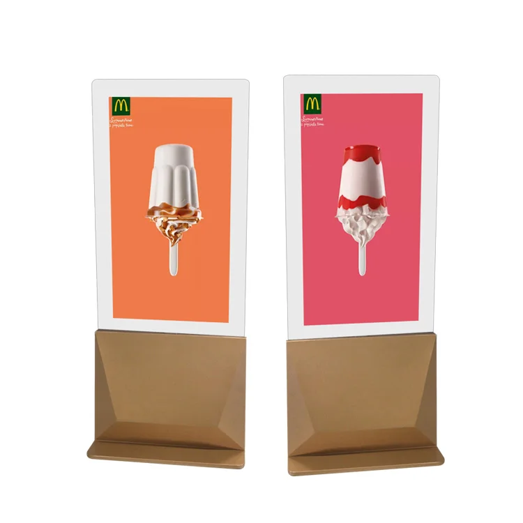 Supporto da pavimento con display trasparente con schermo LCD a doppio lato in due colori con macchina pubblicitaria OLED in vetro
