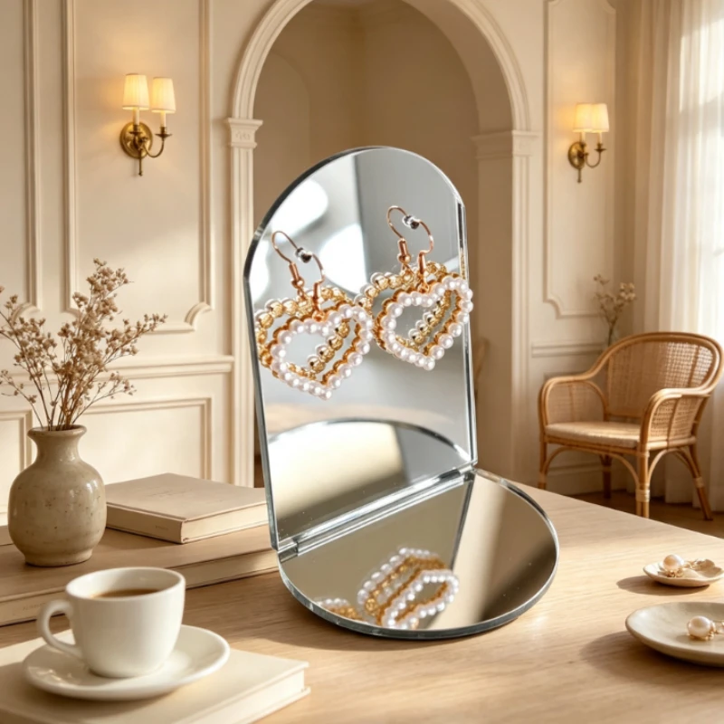 Mirror Jewelry Stand Vertical Ring Holder Earring Display Tray Small Compact Counter Organizer Showcase for Store Gift