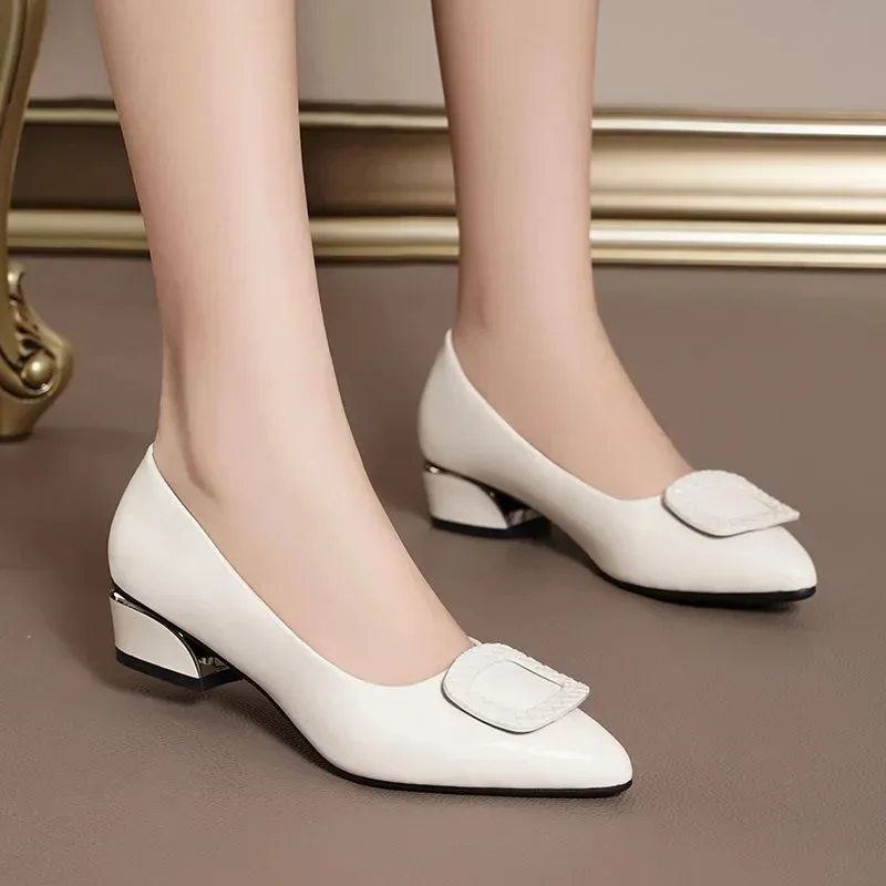 Women Fashion Sweet Black Patent Leather Office & Work Square Heel Shoes Lady Casual Beige Hotel Pumps Zapatos De Mujer E1247