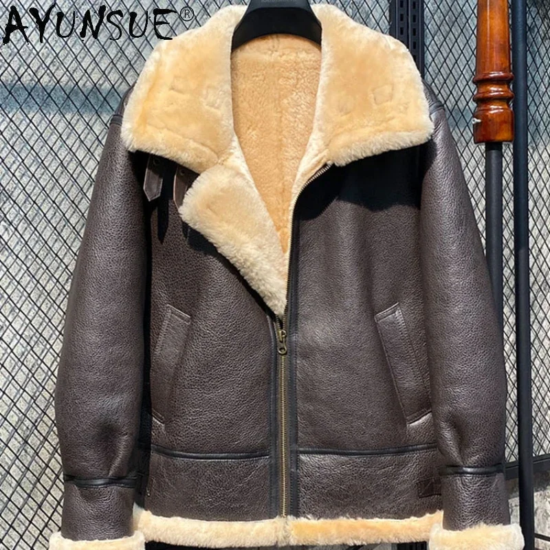 AYUNSUE Genuine Leather Jacket Men Nature Original Sheepskin Fur Coat Male Flight Suit Real Leather Clothes De Cuero Genuino