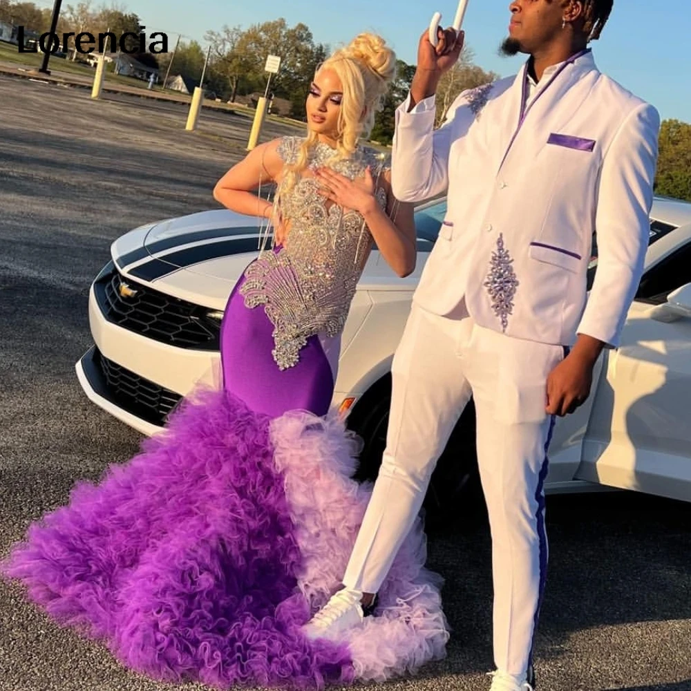 Customized Purple Ruffles Mermaid Prom Dress Silver Diamonds Beaded Crystals For Black Girls Robe De Soiree Party Gown YPD178