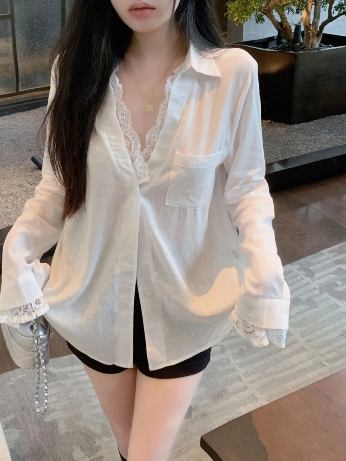 

Women's Korean Style Two-Piece Sunscreen Shirt with Lace Trims - Sexy Long Sleeve Cotton-Linen Blended Autumn Outwear