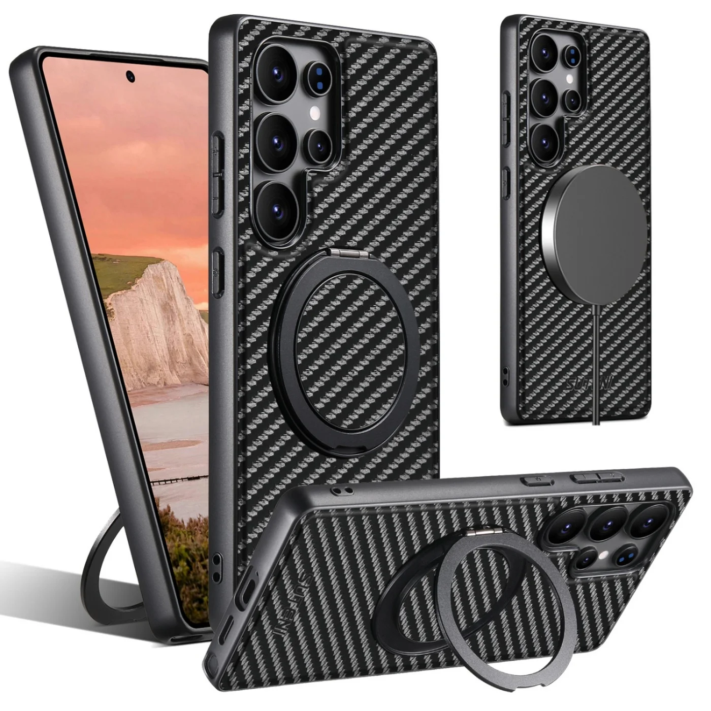 Luxury carbon fiber texture Faux Leather Phone Case for Samsung S26 Ultra S25 S24 S23 S22 Plus With 360 ° Rotating Bracket Cover