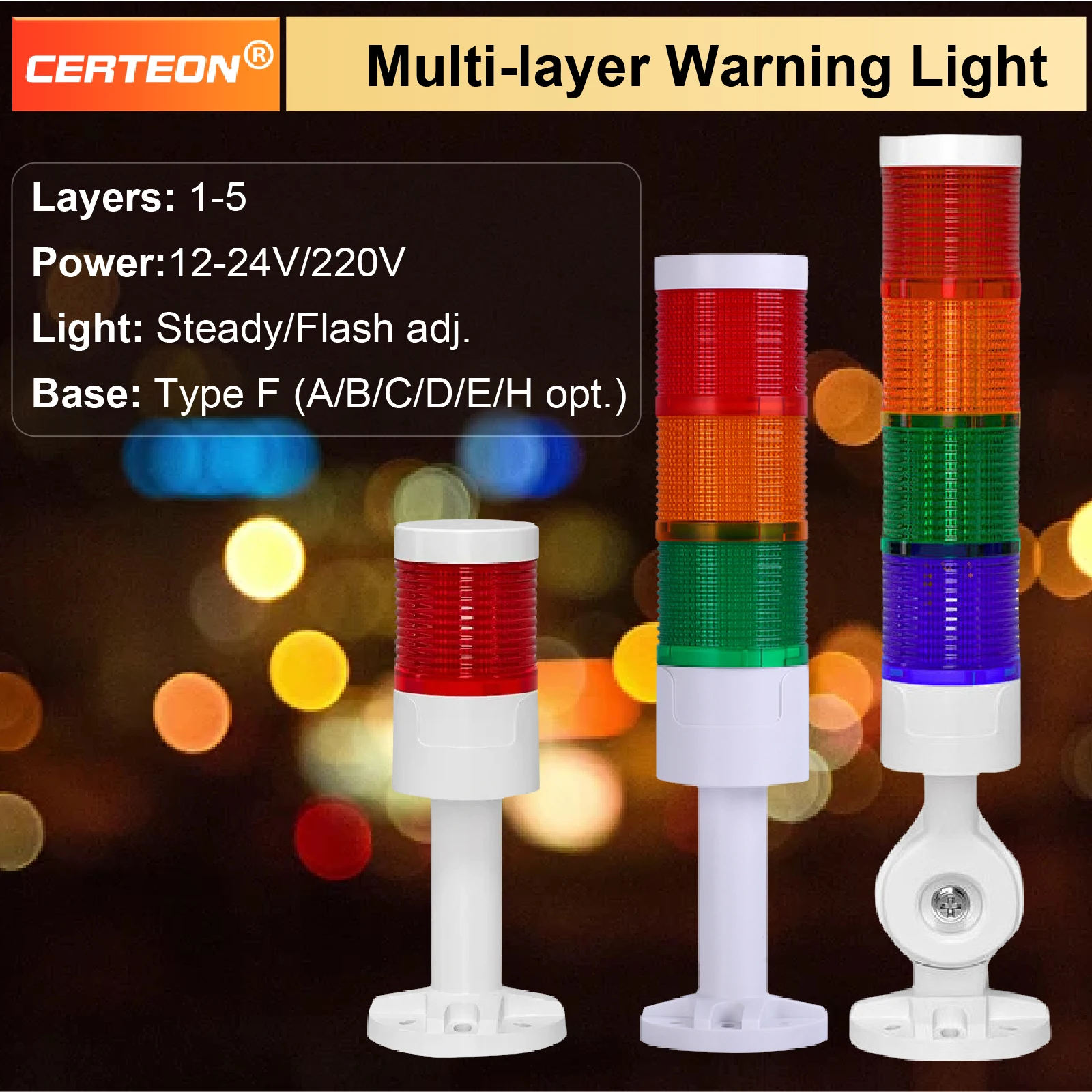 D53-3T Industrial Signal Tower Light LED Stack Light 3‑5 Layers with Buzzer 24V 220V Multi Color Continuous Flashing