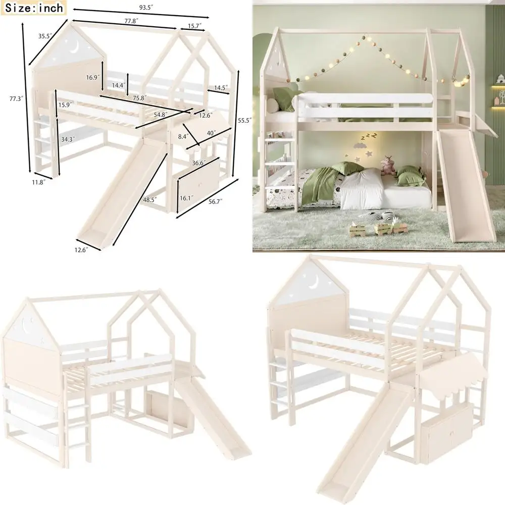 

Large Playhouse Bed with Slide, Storage Shelves, and Cabinet for Kids and Teens, Beige