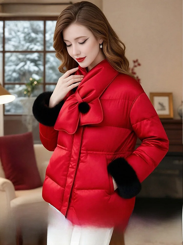 

Red 90 White Duck down Jacket Women's Winter Thickened Warm Short Coat New Year's Clothes Casual Style Regular Fit Long Sleeve