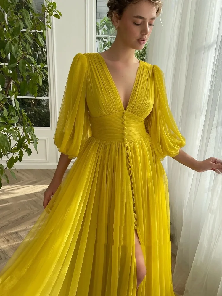 A Line Yellow Ball Dress Deep V-neck Half Sleeve Women's Formal Evening Dress Button Front Split Party Dress 2024