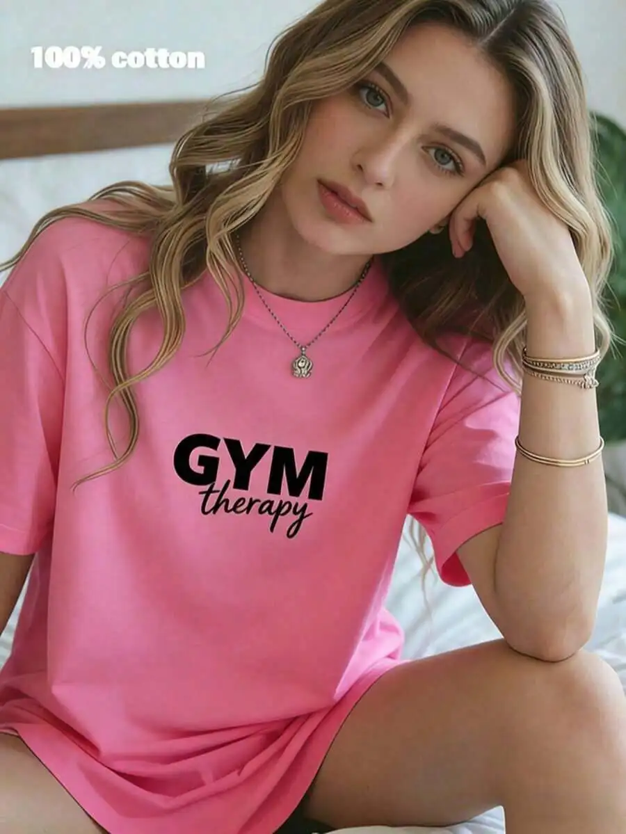 Gym Therapy Graphic T-Shirt Casual Crew Neck 100% Cotton Tee Loose Fit Summer Top For Women
