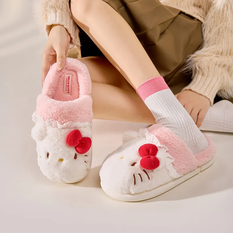 Cute Hello Kittys Cotton Slippers Girl Wear Outside Baotou Anime Kawaii Cartoon Autumn Winter New Home Flat Cotton Slippers