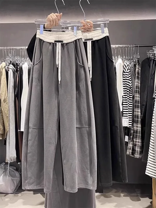 プラスサイズのワイドレッグパンツ女性用カジュアルドレープカラーブロードストリングフロアレングスパンツ春秋ルーズで快適