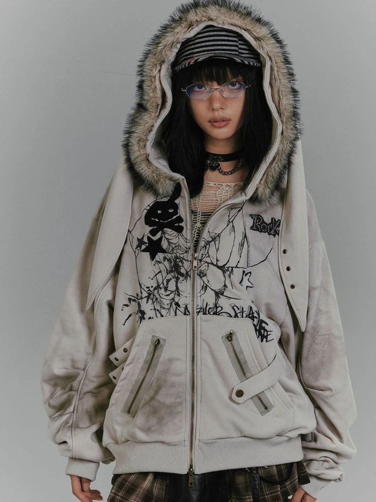 เสื้อฮู้ดขนเฟอร์พิมพ์ลายสไตล์เรโทรอเมริกัน Y2K สำหรับผู้หญิง เสื้อแจ็คเก็ตหูหูกระต่ายสีเทาวินเทจ สไตล์ฮาราจูกุ พังก์ แฟชั่นสตรีทแวร์สำหรับฤดูใบไม้ร่วง