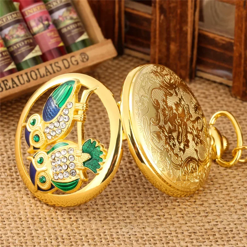 Luxury Yellow Gold Hollow Out Night Owl Design Unisex Quartz Analog Pocket Watch with Sweater Fob Chain Collectable Gift Reloj