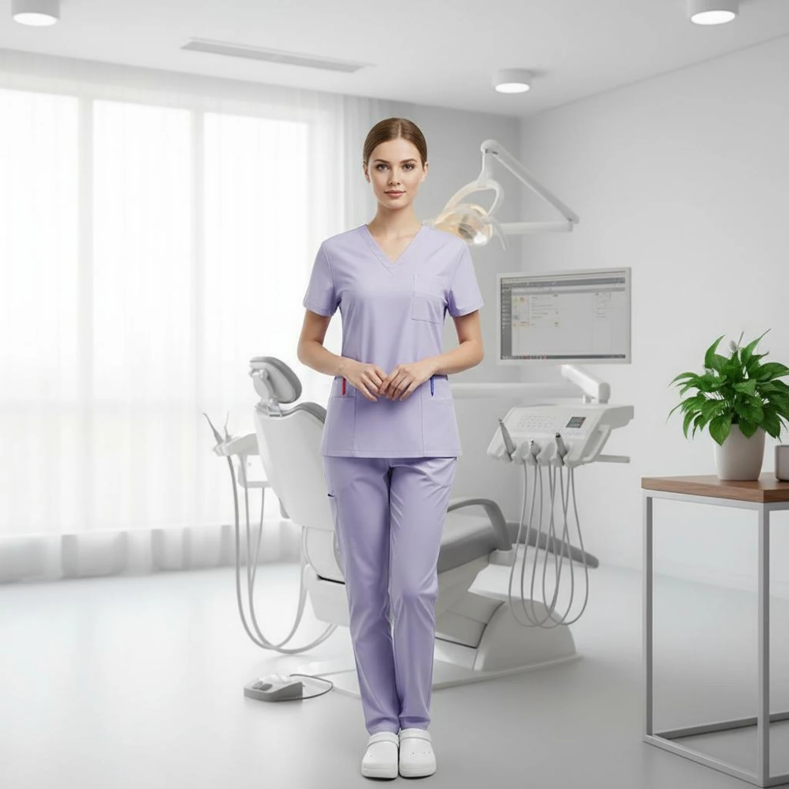 conjunto-de-uniforme-medico-respiravel-com-blusa-de-decote-em-v-e-calca-manga-curta-para-enfermeiros-e-medicos-com-design-multibolsos-e-tecido-elastico-em-quatro-direcoes