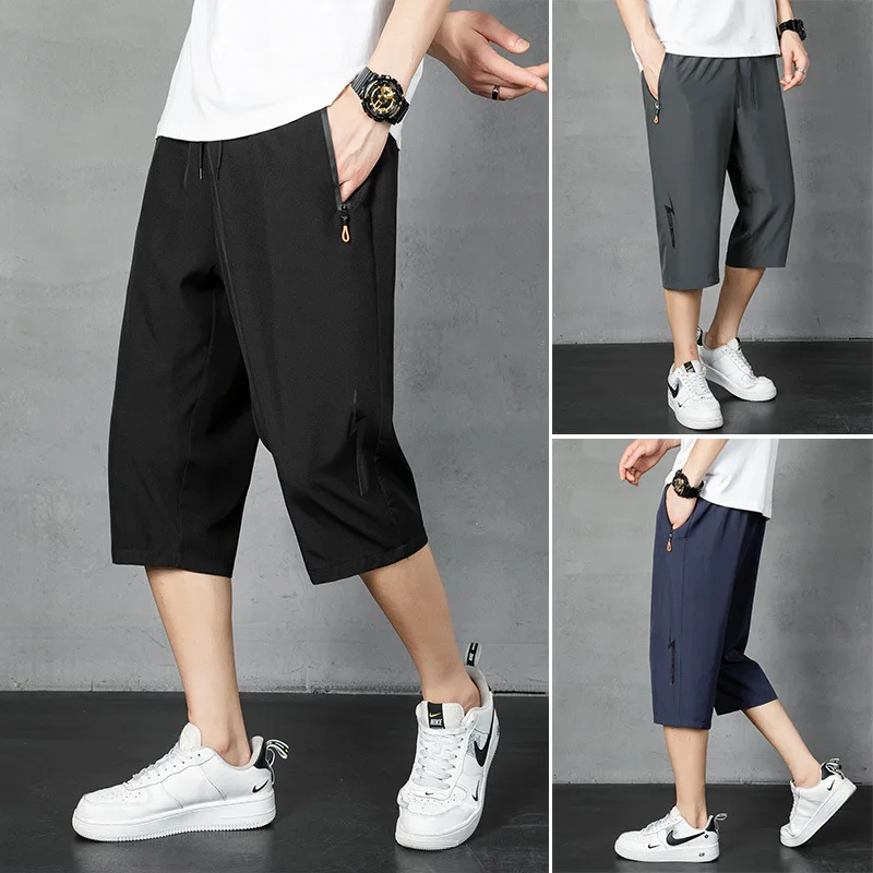 Men's Summer Thin Ice Silk Quick Dry Casual Pants with Pocket Zipper Seven-Foot-Length Leisure Trousers for Active Youth
